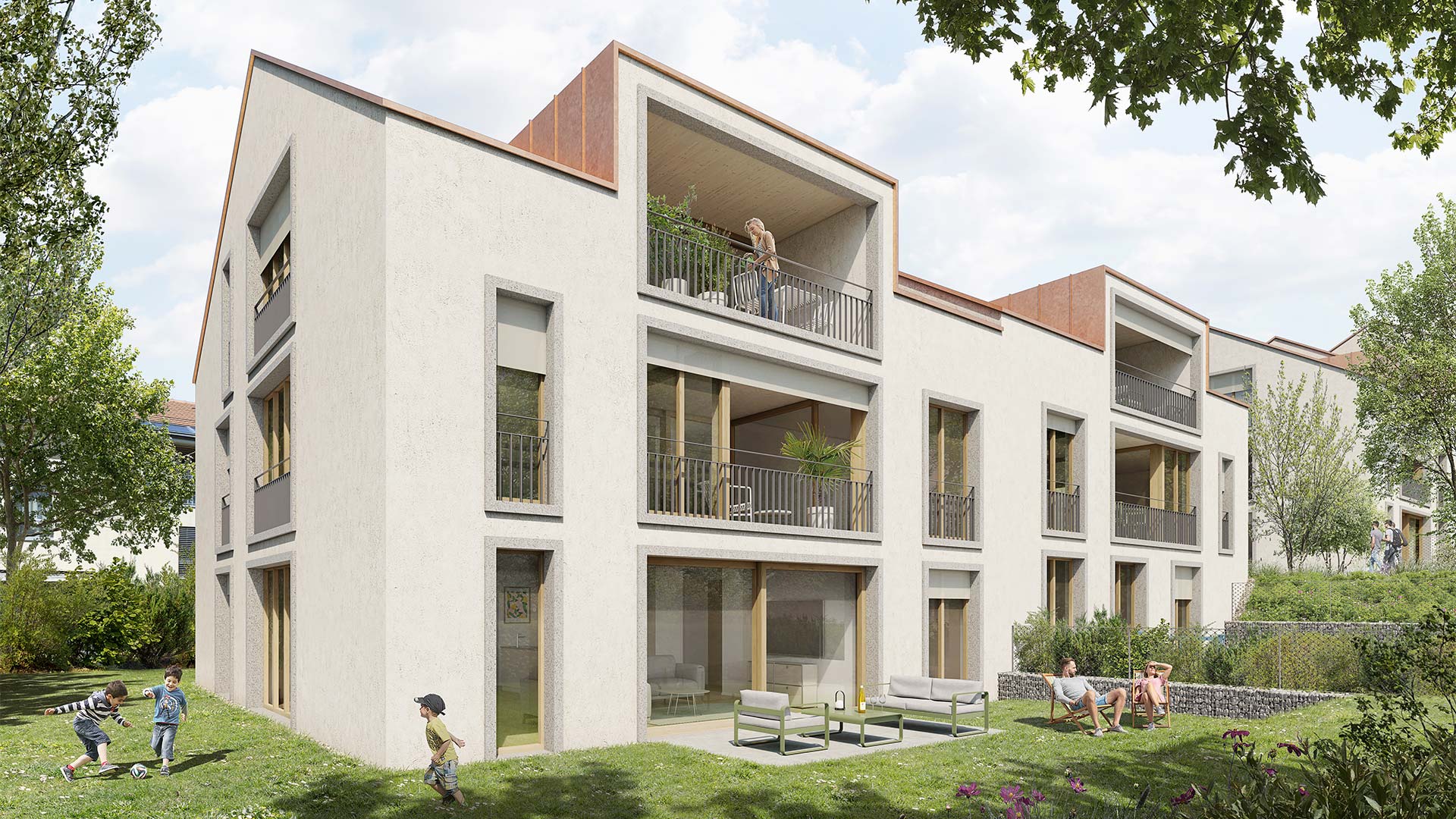 Image de synthèse de la promotion immobilière à Bernex Place côté terrasses, construction de 20 appartements de 2.5 pièces à 6 pièces